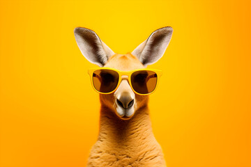 Portrait of a kangaroo in sunglasses on yellow background, studio shot. AI generated - 710356348