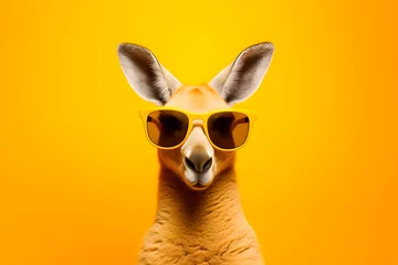 Muurstickers Portrait of a kangaroo in sunglasses on yellow background, studio shot. AI generated © svitlini