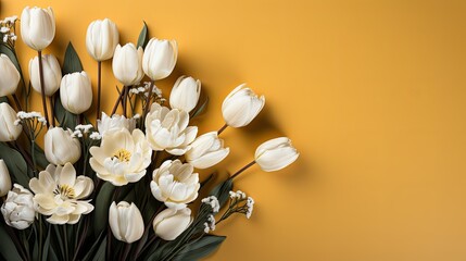 White Tulips Bouquet for Women's Day on Orange Background.