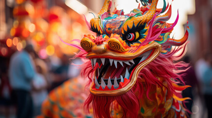 Golden Chinese New Year Dragon Mask: Dance in Cultural Traditional Festival Parade