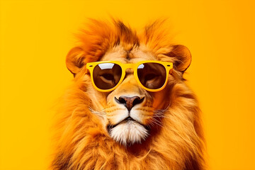 Portrait of a lion in sunglasses on a yellow background, studio shot. AI generated