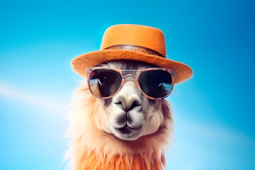 Portrait of an alpaca in sunglasses and a hat. Summer concept. AI generated