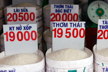 Different sorts of rice for sale on a local market..