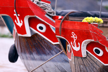 Can Tho, Floating Market, Mekong Delta. Colourful boat painted with good luck eye.