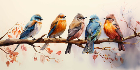 A Group Of Five Birds Are Lined Up, A Group Of Colorful Birds On A Branch
