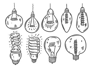 Light bulbs hand draw doodle set. Cartoon style. Black color vector illustration.