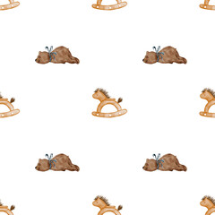 Watercolor seamless pattern of cute little plush bear with a blue bow and a wooden vintage horse. Kawaii drawing with an adorable teddy and a toy on a white background. For printing on children's