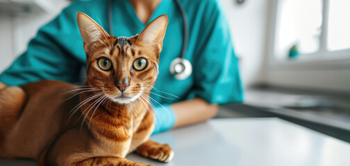 Generative AI, cute cat being examined by professional veterinarian in vet clinic 