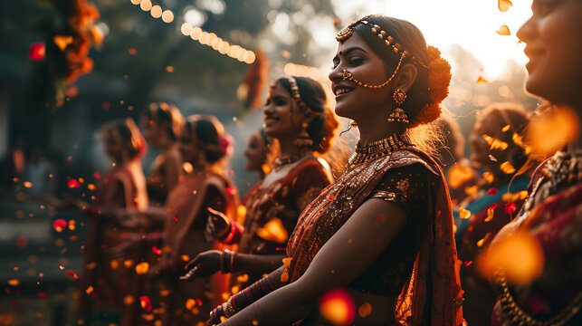 Cloaked in traditional dress and embellished with jewelry, an Indian woman partakes in ceremonial dance at a wedding. Generative AI
