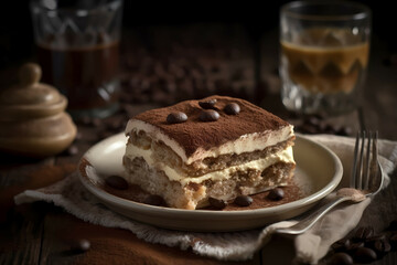 Tiramisu, A Plate Of Tiramisu On A Napkin And Coffee Beans