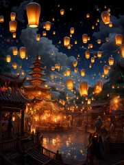 Obraz premium Celebration Scene With 100 Lanterns, A Building With Lanterns In The Sky