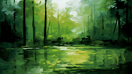 Abstract In Green Forest, A Painting Of A Forest With Trees And Water