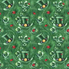 Leprechaun's four-leaf shamrock clover seamless pattern with ladybug and florals, for good luck. Watercolor illustration, hand drawn. For textile, paper, design, presents. Green background