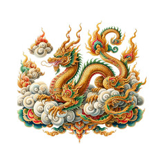 watercolor illustrations of a mythical gold dragon on a cloud, designed in a traditional thai  style center isolated white background.