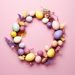 DIY Easter egg wreath with a variety of colorful eggs and spring flowers on a pink backdrop