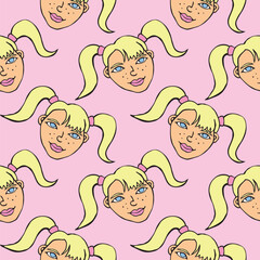 Vector seamless pattern with cartoon face girl with two ponytails. Hand drawn heads of kids people in doodle flat style. Childish, girlish fun cute texture backdrop.