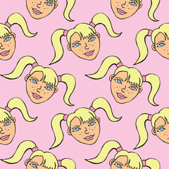 Vector seamless pattern with cartoon face girl with two ponytails. Hand drawn heads of kids people in doodle flat style. Childish, girlish fun cute texture backdrop.