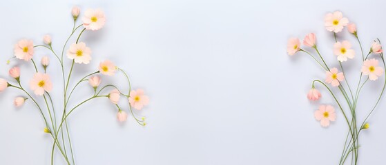Obraz premium Delicate pink cosmos flowers spread on a white background, creating a peaceful floral scene