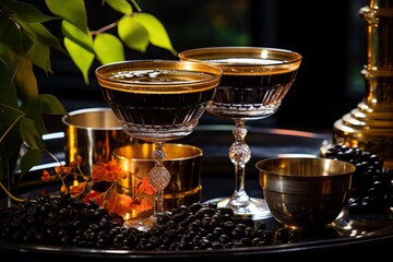 Two espresso martinis in ornate glasses set among reflective gold bowls and fresh coffee beans