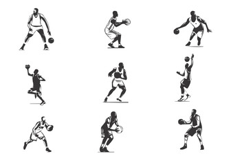 A set of basket ball player, sports, people,playing basket in various poses isolated vector silhouette on white background