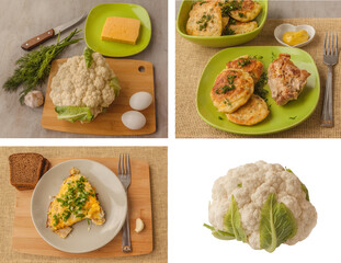 Ingredients for making cauliflower vegetable dinner. Set of cauliflower dishes.