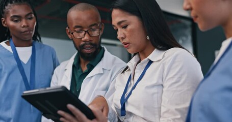 Teamwork, tablet or doctors talking in meeting planning a surgery strategy in collaboration in hospital. Discussion, healthcare or group of nurses speaking of online news report, feedback or research - Powered by Adobe