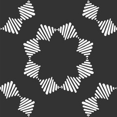 Abstract seamless vector pattern with circular geometric ornament, striped frames, stars. Decorative pattern. White shapes, isolated on black background.