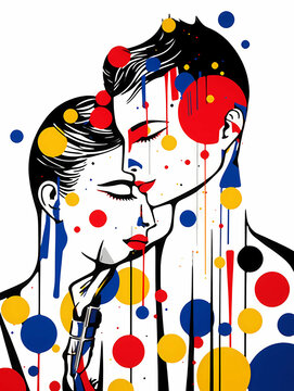 Minimalist Barber Art, A Man And Woman With Colorful Dots
