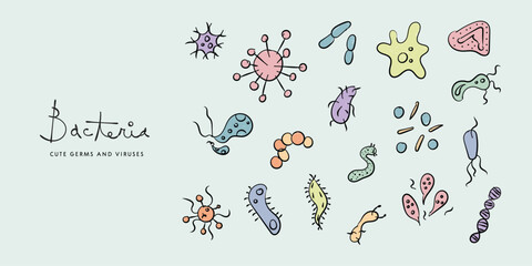 Collection of cute colorful bacteria and viruses, germs, microbiome and virus vector icon set in hand drawn thin line style