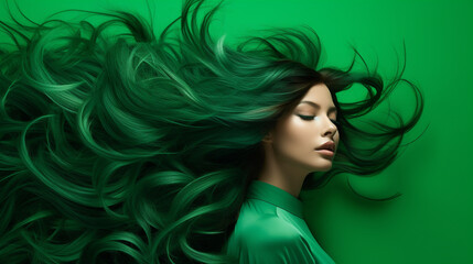 Green background with hair motif, Generate AI.