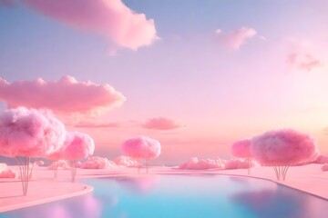 Cotton Candy Dreamscape 3D Rendered Podium Amidst Dreamlike Natural Skyline, Framed Metal Arch Adorned Soft Cotton Blush Illumination Cotton Trees, Set Against Backdrop Cloud Sky