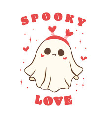 cute retro valentine ghost with heart, Valentine spooky love doodle in kawaii style hand drawing, shirt design.