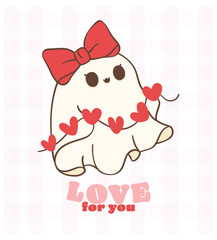 cute retro valentine ghost with love hearts, kawaii Valentine spooky love doodle hand drawing, greerting card, shirt design.