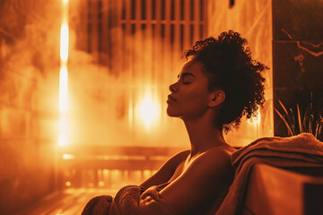 A person sitting in an infrared sauna surrounded by soft, warm light. They're comfortably seated, eyes closed, showing a relaxed expression. - obrazy, fototapety, plakaty