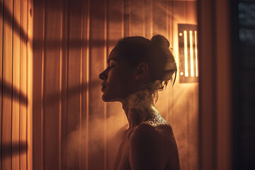 A person sitting in an infrared sauna surrounded by soft, warm light. They're comfortably seated, eyes closed, showing a relaxed expression.
