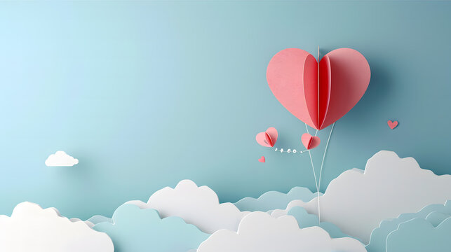 Balloon heart paper cut design on pastel sky and white clouds background, love, heart shape, space for text, powerpoint presentation, valentine's day.