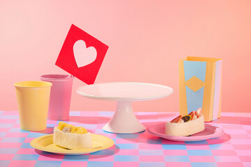 Front view of white tray displayed with dish of delicious cakes with pink and yellow cups on pink background. Space for product presentation. Valentine day concept for design