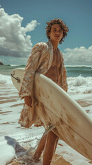 Trendy beach fashion shoot featuring a man and a surfer, blending the worlds of style and surfing against the dynamic backdrop of ocean waves and sandy shores