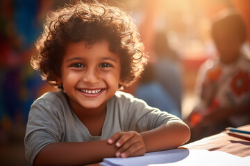 A happy smiling kid who is coloring on the book, lite blurry background, closeup view  - obrazy, fototapety, plakaty
