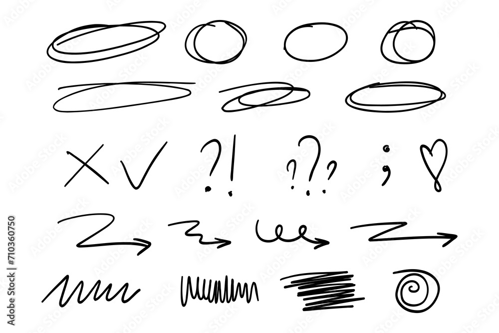 Fototapete hand drawn circle and arrow line for highlighting text. rounds bubbles set doodle sketch symbols on 