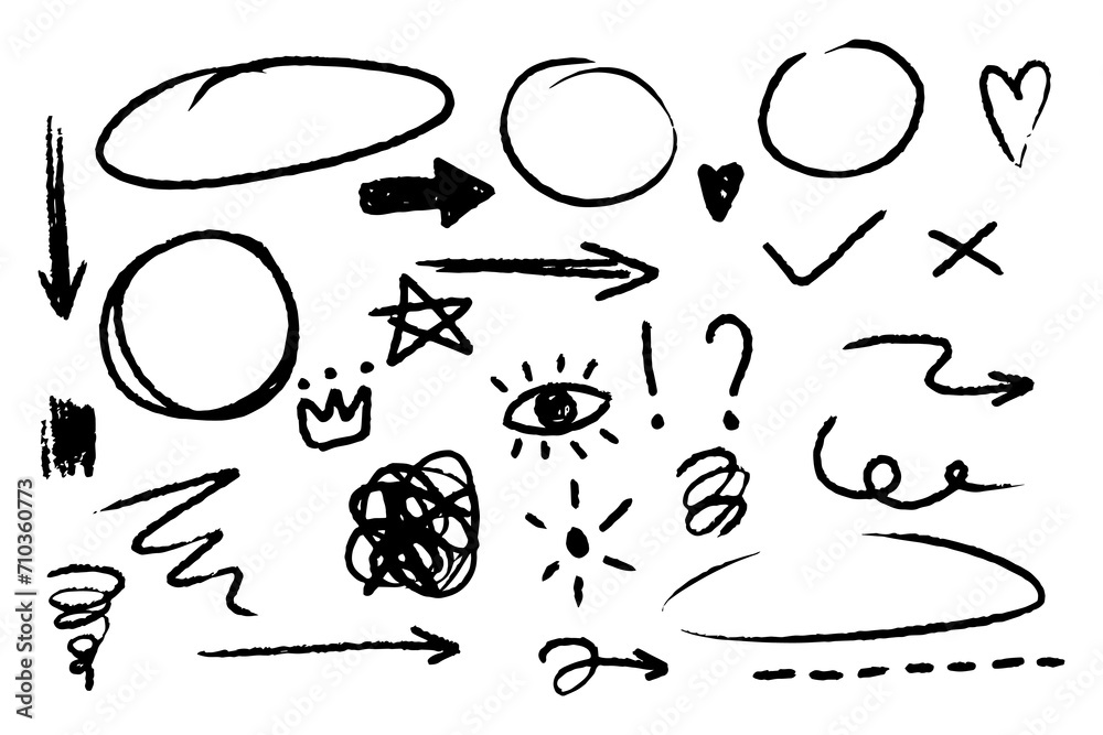 Fototapete hand drawn circle and arrow line for highlighting text. rounds bubbles set doodle sketch symbols on 