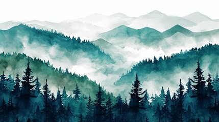 mist-covered mountains - forest landscape in watercolor - painting, art, wall art, mist, forest, trees, mountain, silhouettes, nature, shades, wallpaper, mural