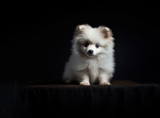 small spitz puppy in a dark room