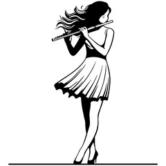 Woman Play Flute Line Drawing.