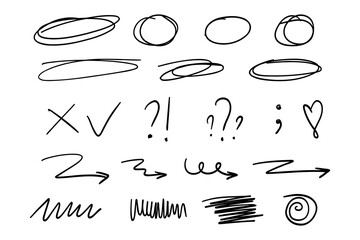 Hand drawn circle and arrow line for highlighting text. Rounds Bubbles Set doodle sketch symbols on a white background. vector illustration graphic design elements