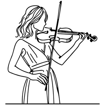 Woman Play Violin Line Drawing.