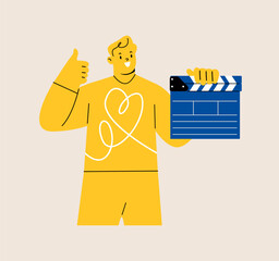 Movie production, man holding a clapper board. Colorful vector illustration