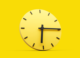 3d Yellow Round Wall Clock 6:15 Six Fifteen Quarter Past Six On Yellow Background 3d illustration