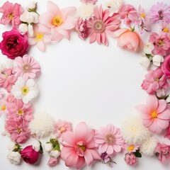 Obraz na płótnie Canvas Many pink flowers mixed floral background frame with white space, postcard design, greeting card format.