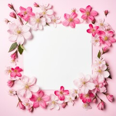 Fototapeta na wymiar Many pink flowers mixed floral background frame with white space, postcard design, greeting card format.